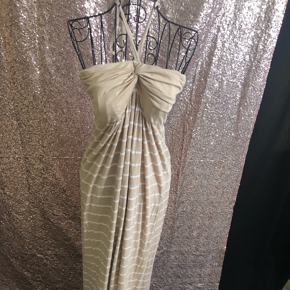 Tan and white striped maxi halter top dress